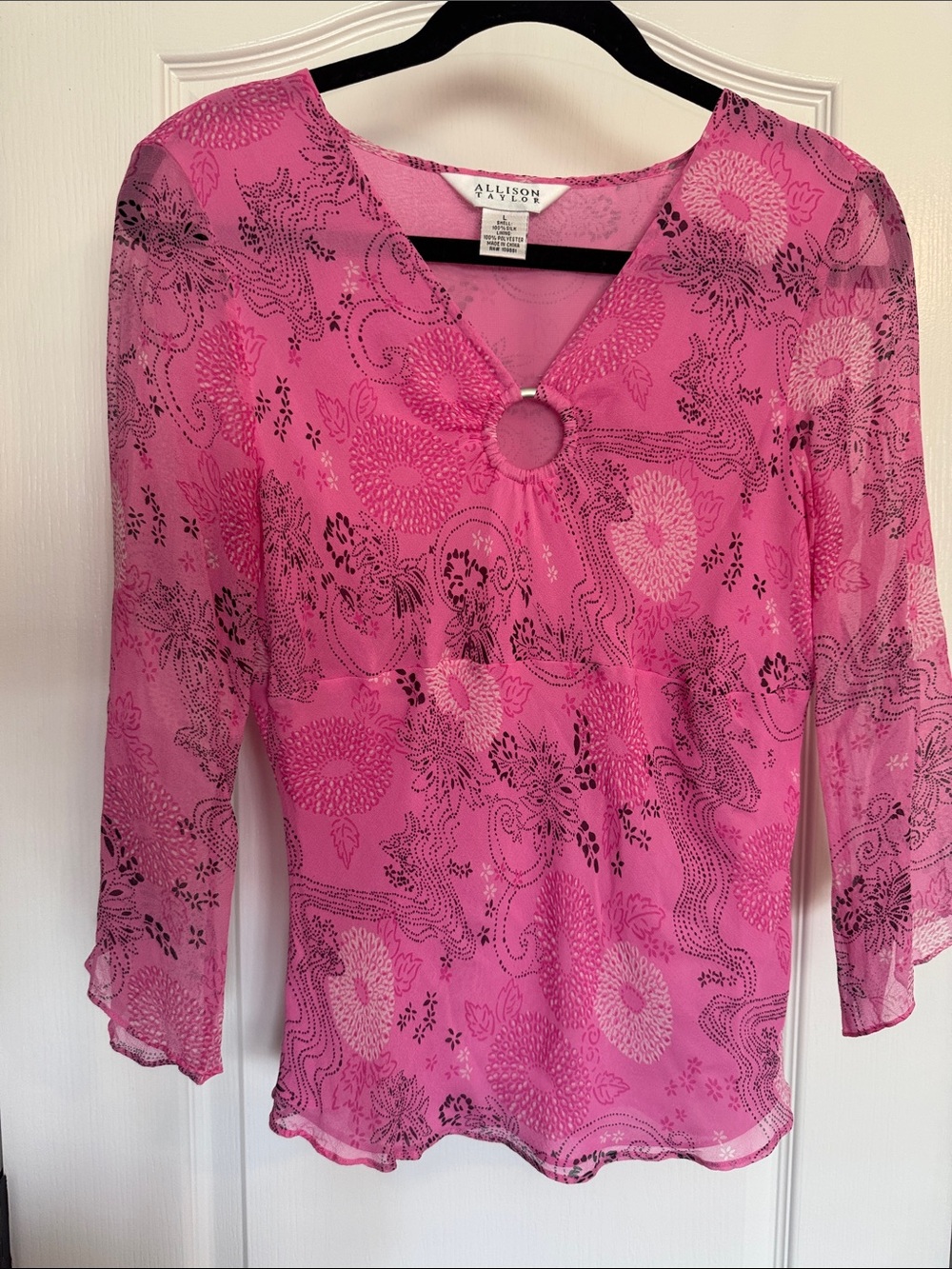 Allison Taylor Hot Pink Floral Keyhole V-Neck Sheer Blouse